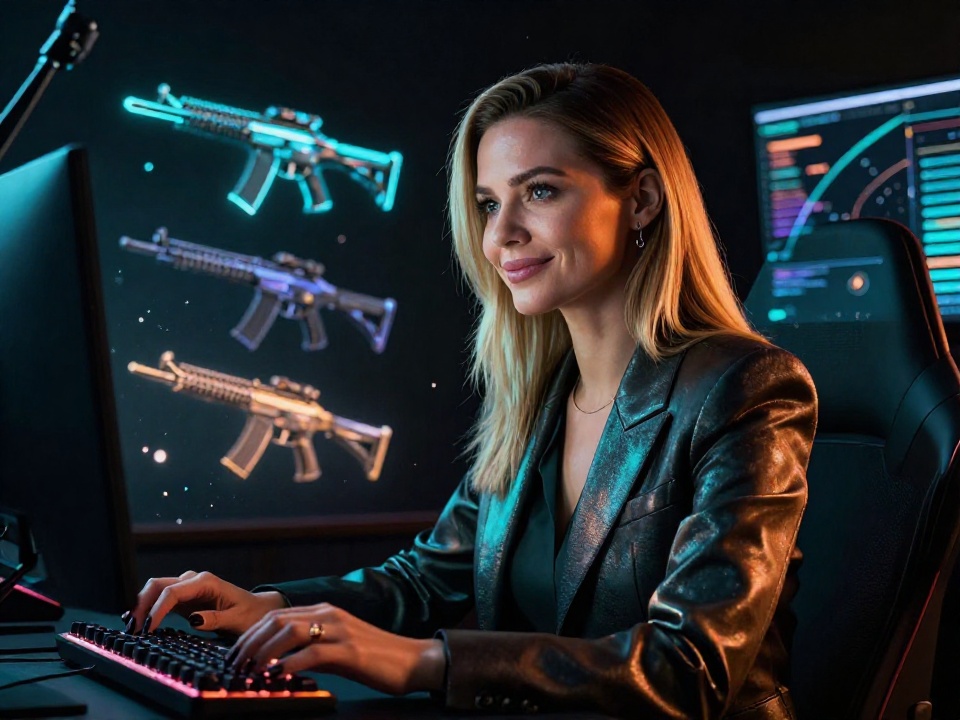 Уверенная женщина-геймер за компьютером с неоновым RGB освещением рассматривает кейсы CS2, атмосфера азарта и стратегии