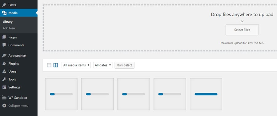 Когда вы выбираете несколько изображений для загрузки одновременно, WordPress покажет вам прогресс каждого из них в отдельности: